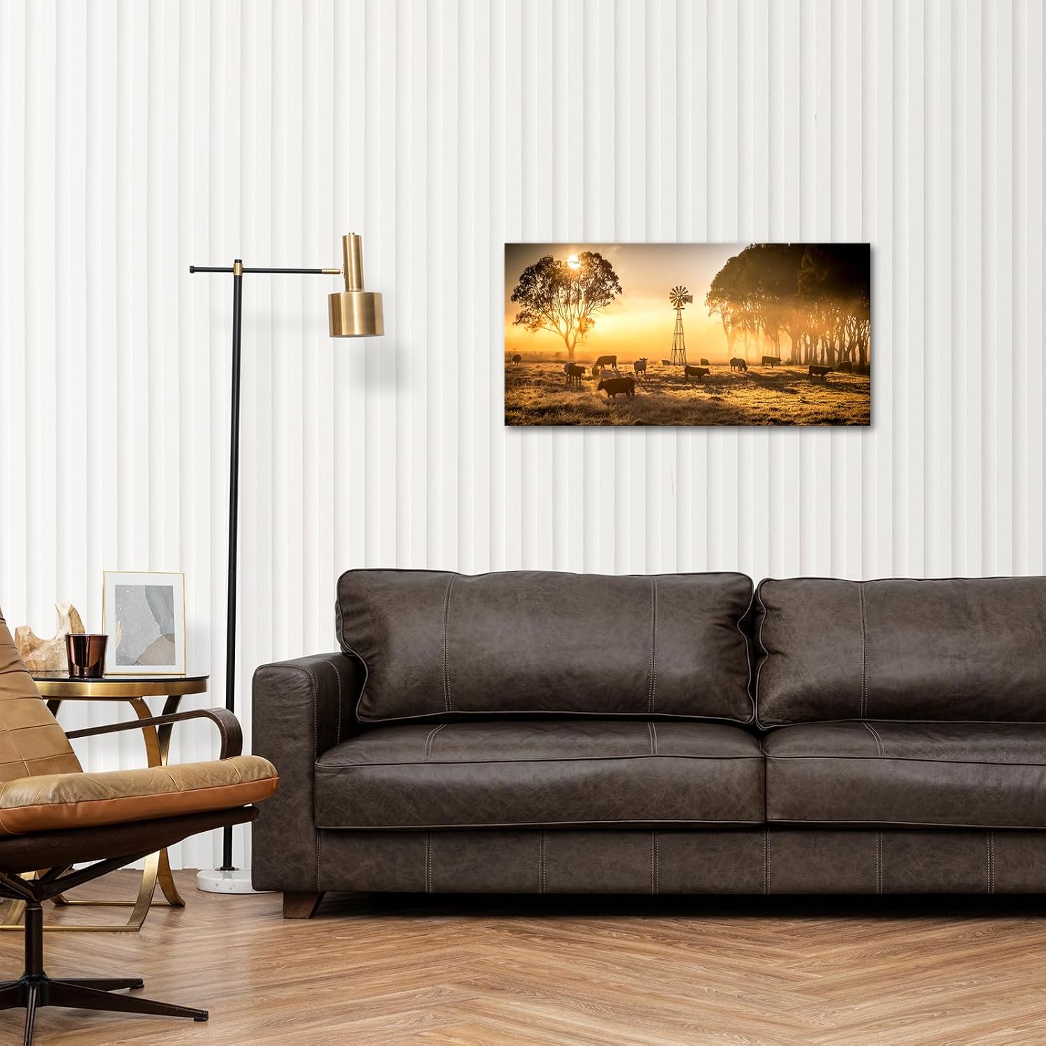 Muzenso Canvas Prints Farmhouse Cattle and Windmill Wall Art 20x40 Inch Sunset Pasture Landscape Rustic Country Canvas Painting for Living Room Bedroom Kitchen Cabin Lodge Home Decor
