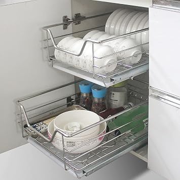 Kitchen Organizer 304 Stainless Steel Metal Sliding Drawer Shelf 2 Tier Under Cabinet Storage For Kitchen Double Tier Wire Basket Slide Out Shelf Metal Pull Out Pantry Dr,Silver,34W*47D*13Hcm