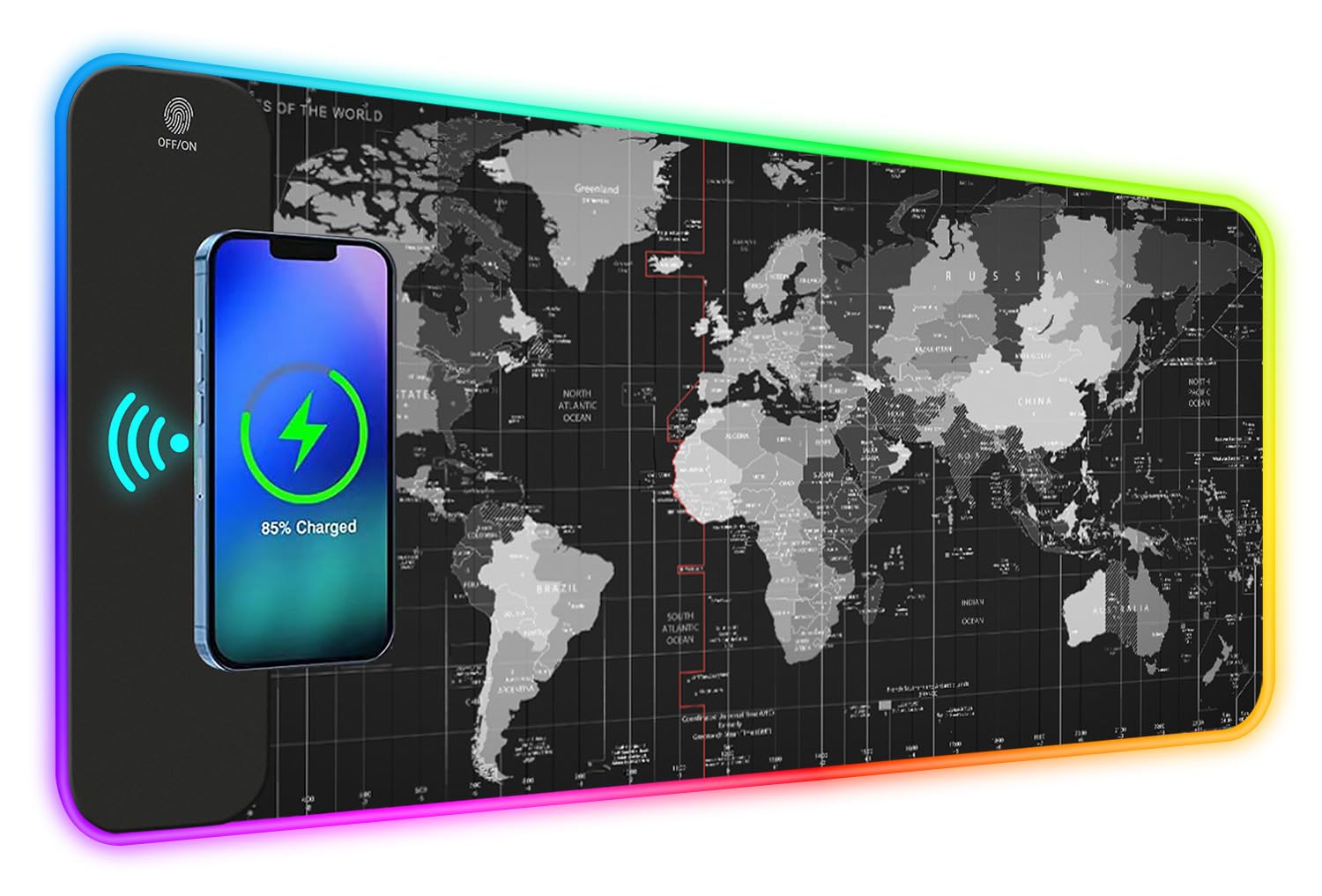 ToLuLu RGB Gaming Mouse Pad, 5/7.5/10/15W Wireless Charging Mouse Pad, 10 Light Modes LED Mouse Pad Computer Keyboard Mat Mousepad, 800x300x4MM Extended Desk Mat for Gaming,Work, MacBook,PC, World Map