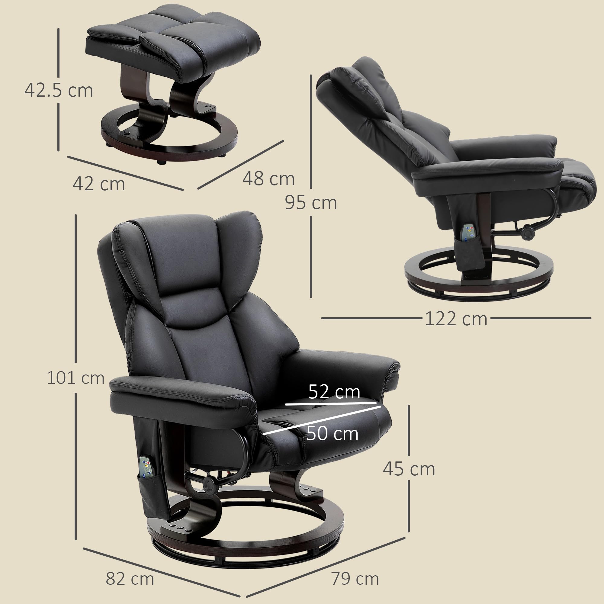 HOMCOM Poltrona Relax Elettrica con Pouf Poggiapiedi e Funzione Massaggio, Poltrona Reclinabile a 145° con Seduta Girevole a 360°, Rivestimento Finta Pelle, Nero