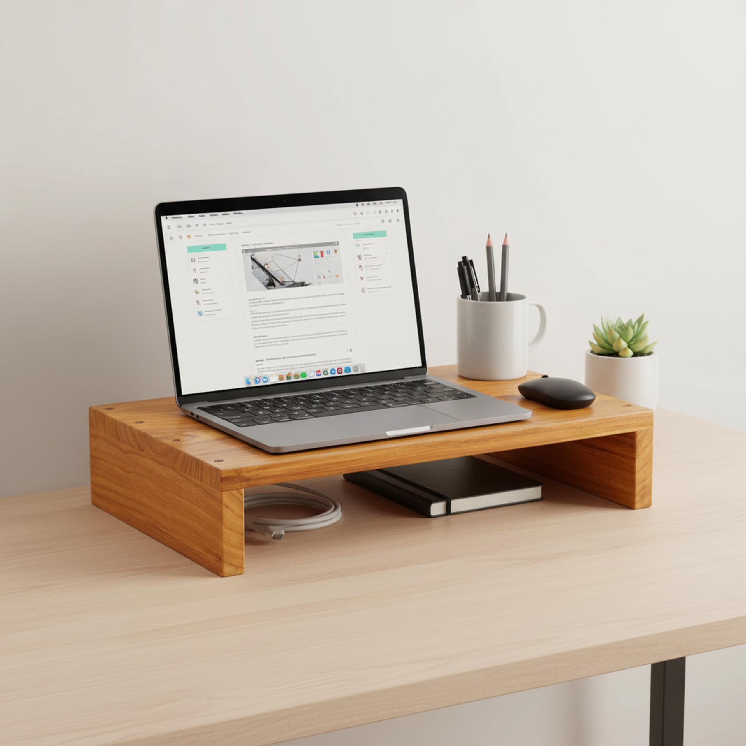 WOODBEZ Wooden Monitor Stand Riser – Ergonomic Desktop Organizer for Computer, Laptop TV Sturdy Wood Monitor Shelf for Home & Office Space-Saving Desk Storage with Cable Management