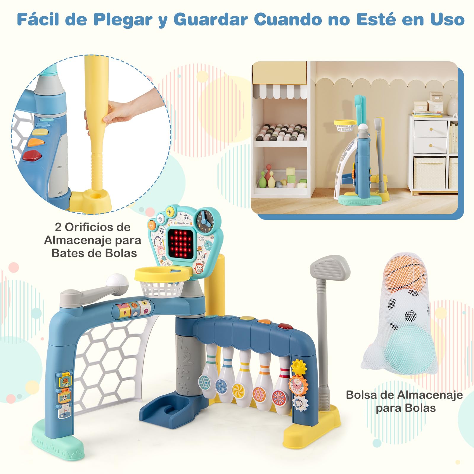 COSTWAY Juguete Deportivo 5 en 1 para Niños, Centro de Actividades para Niños con Aro de Baloncesto Ajustable, Meta de Fútbol, Golf, Bolos y Béisbol, Juguete Interactivo con Luces y Sonidos