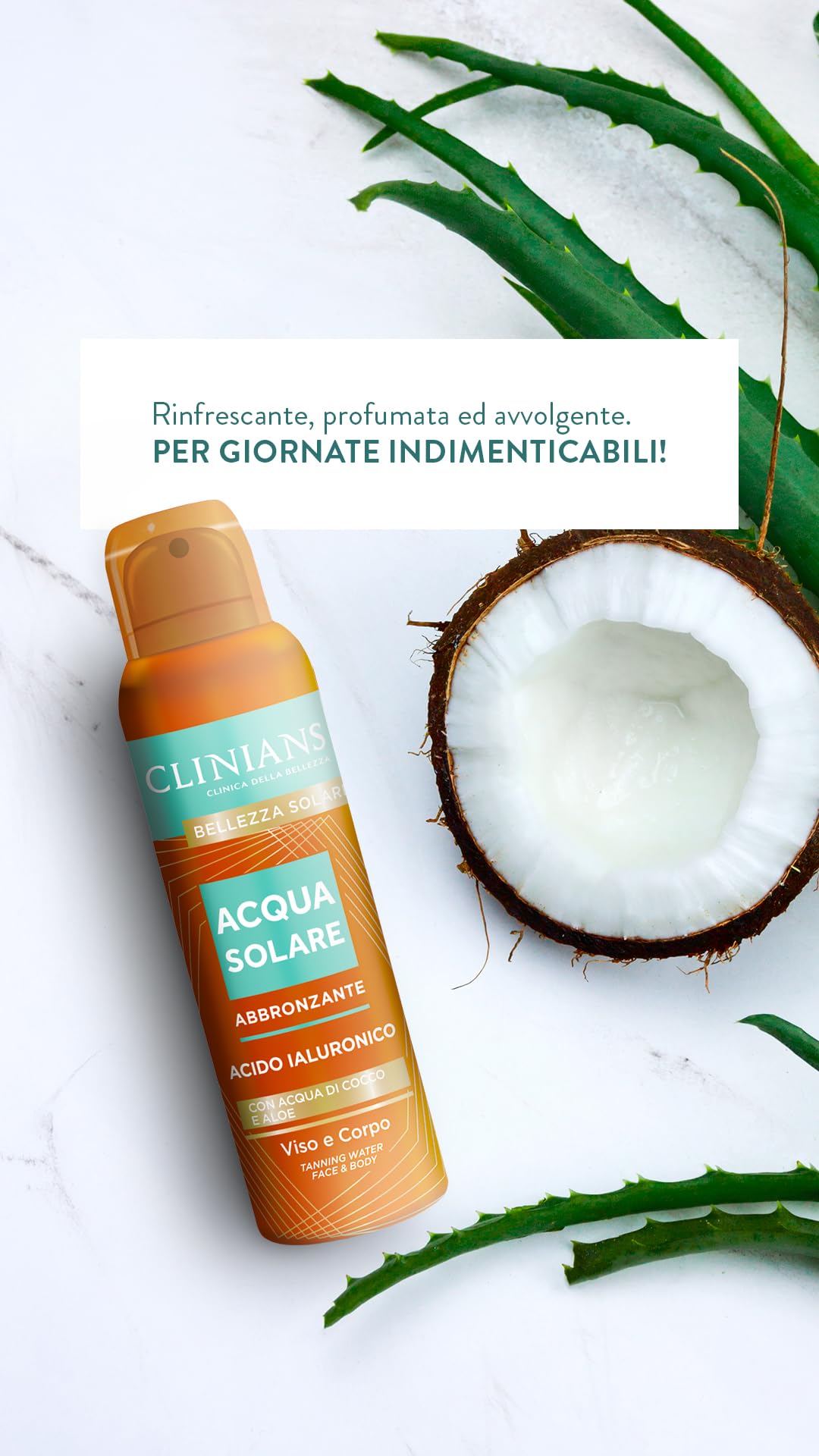 CLINIANS | Acqua Solare Abbronzante Viso & Corpo, con Acido Ialuronico, Acqua di Cocco e Aloe, 150mL