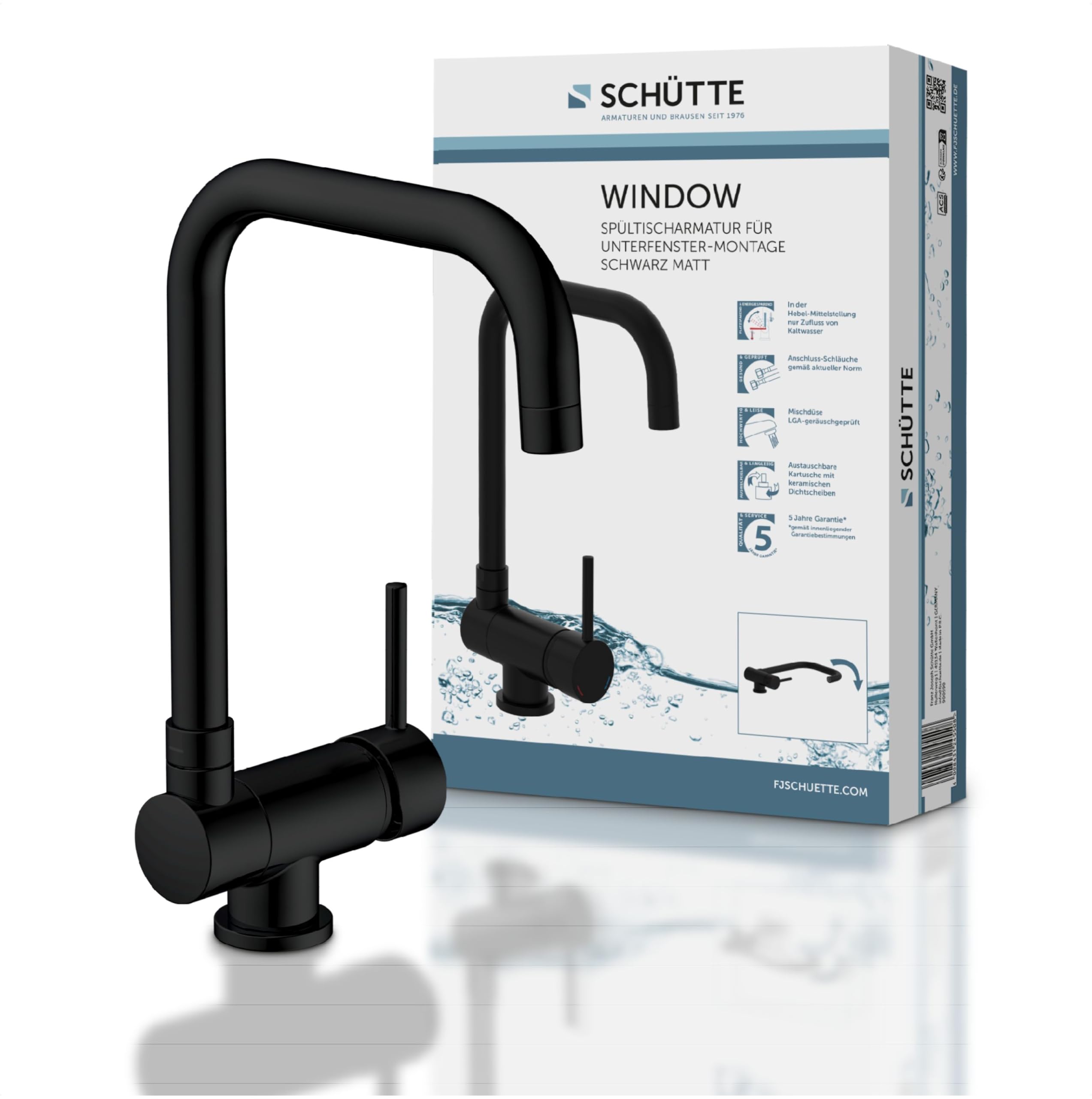 SCHÜTTE 24556 WINDOW - Grifo de cocina para ventana inferior, grifo de fregadero (flexible, plegable, giratorio 360°, monomando, color negro)