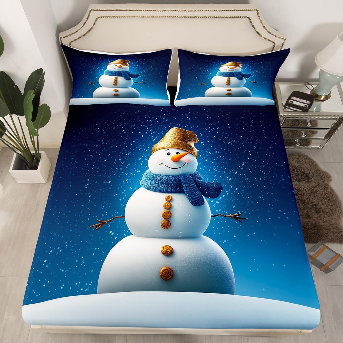 Homewish Uroczy bałwan prześcieradła podwójne Merry Christmas zestaw pościeli czapka Świętego Mikołaja bałwan zestaw pościeli - dla dzieci chłopców dziewcząt, szczęśliwego Nowego Roku dopasowane