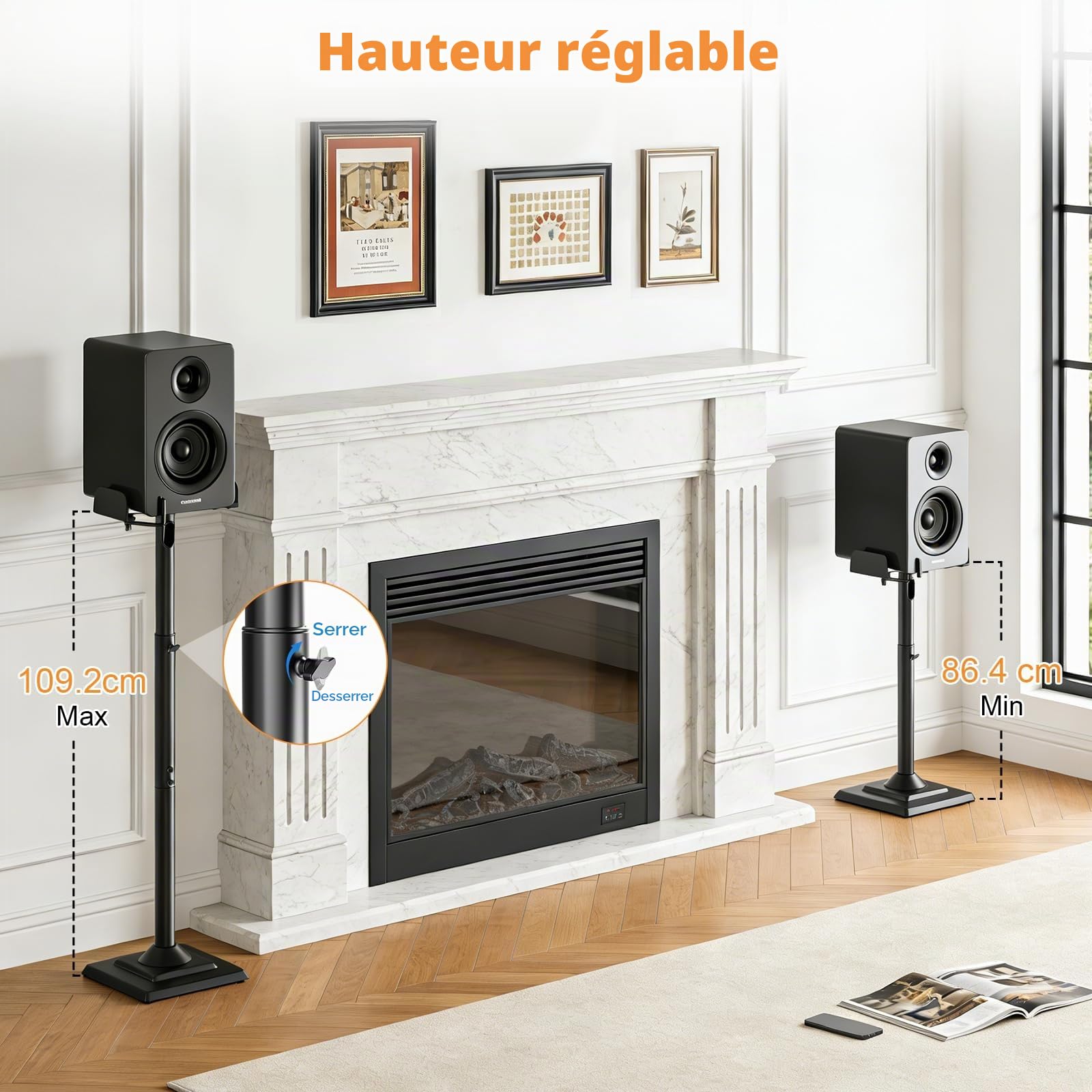 Support Enceinte Surround Lot de 2, Pied Enceintes Universel Hauteur Réglable 86-109 cm, Compatible avec Bose/JBL/Sony, Gestion des Câbles, Noir