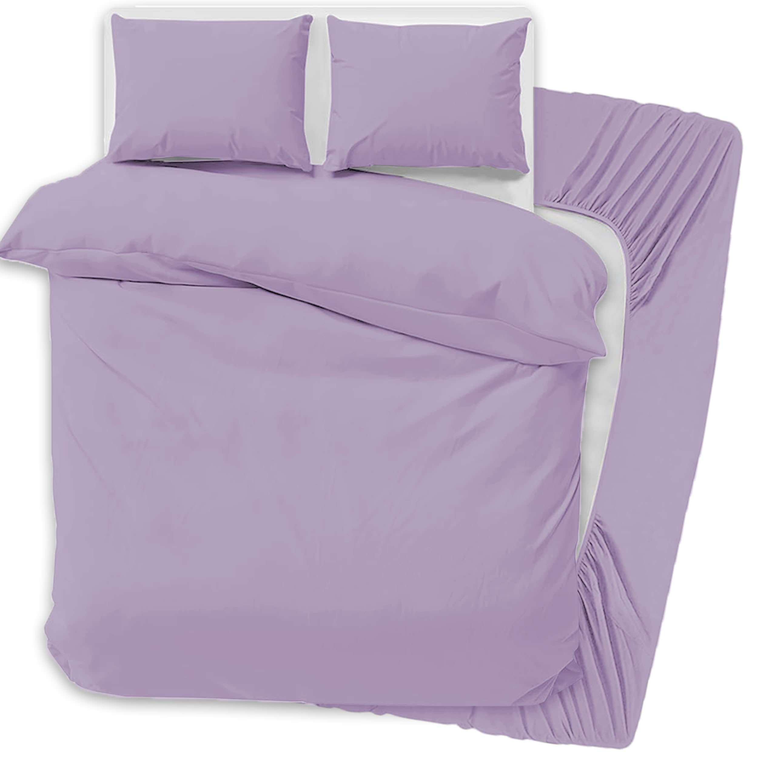 PRIME LINENS 4 Pcs Duvet Cover Set with Matching Fitted Sheet 30 cm Deep - Soft Breathable Premium Microfibre Quilt Cover Bedding Set (Lilac, Super King)