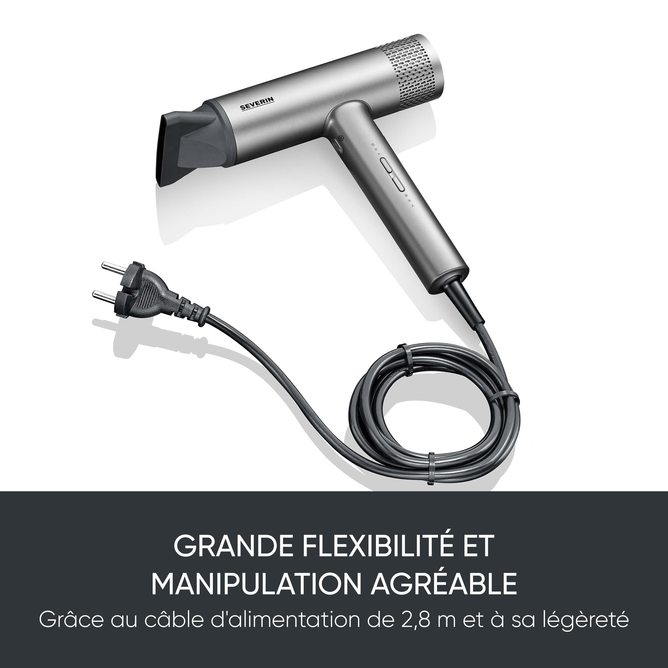 SEVERIN Seche cheveux performant avec moteur BLDC et technologie ionique, Sèche cheveux avec diffuseur et concentrateur magnétiques, sèche-cheveux puissant 2 000 W, Gris, HT 0171