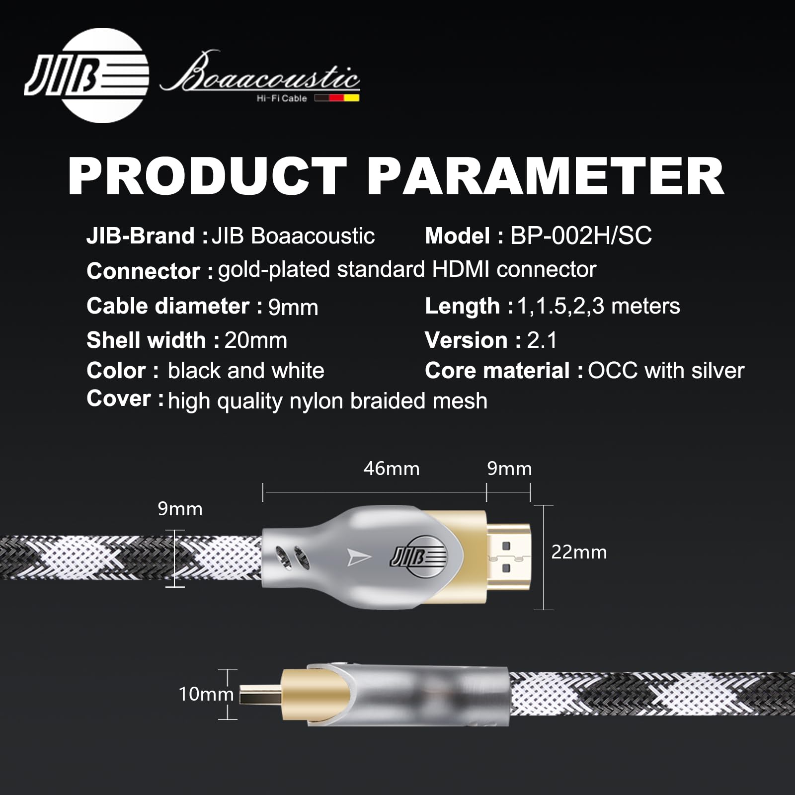 BOAACOUSTIC JIB Câble HDMI 2.1 audiophile hi-end, 8K Ultra HD 48Gbps Haute Vitesse 8K60 4K120 144Hz RTX 3080 eARC HDR10 4:4:4 HDCP 2.2&2.3 Dolby Compatible Fire TV/Roku TV/PS5/Sony/LG 2m