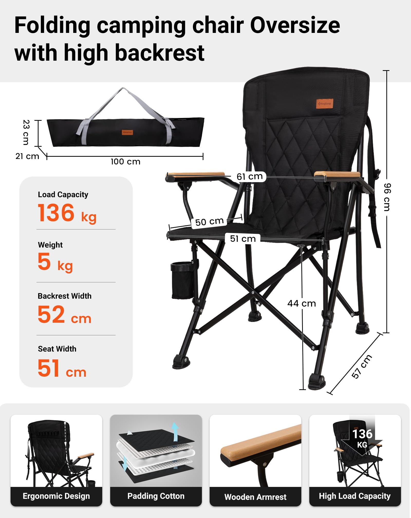 KingCamp Krzesło kempingowe z wysokim oparciem, składane do 136 kg | Oparcie 96 cm, ergonomiczne podparcie karku, drewniane podłokietniki, uchwyt na napoje do ogrodu, na festiwal, wędkowanie