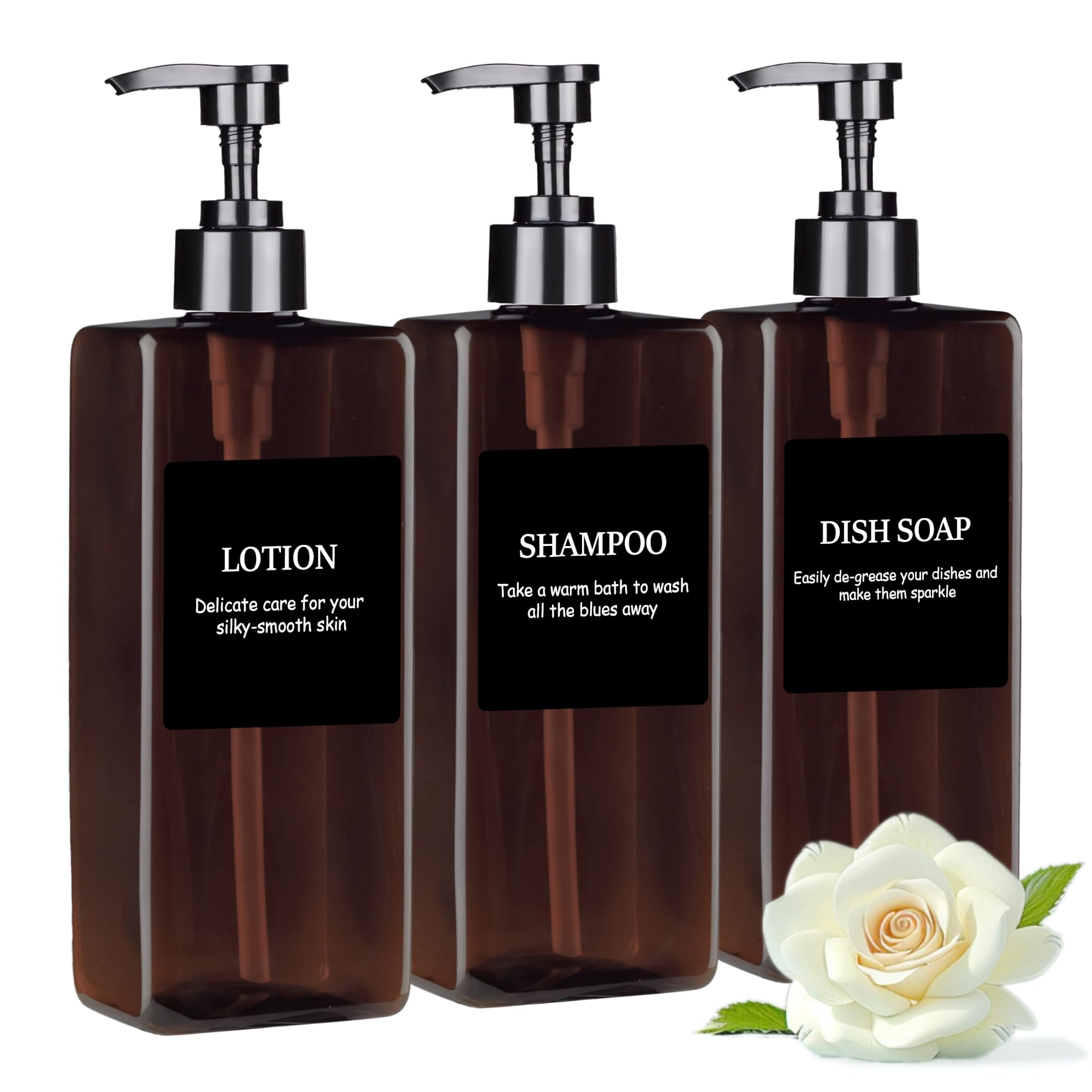 Amber Refillable Plastic Pump Bottle Set, 500ML - Waterproof Labels, Shampoo and Conditioner Dispenser for Shower (Set of 3)