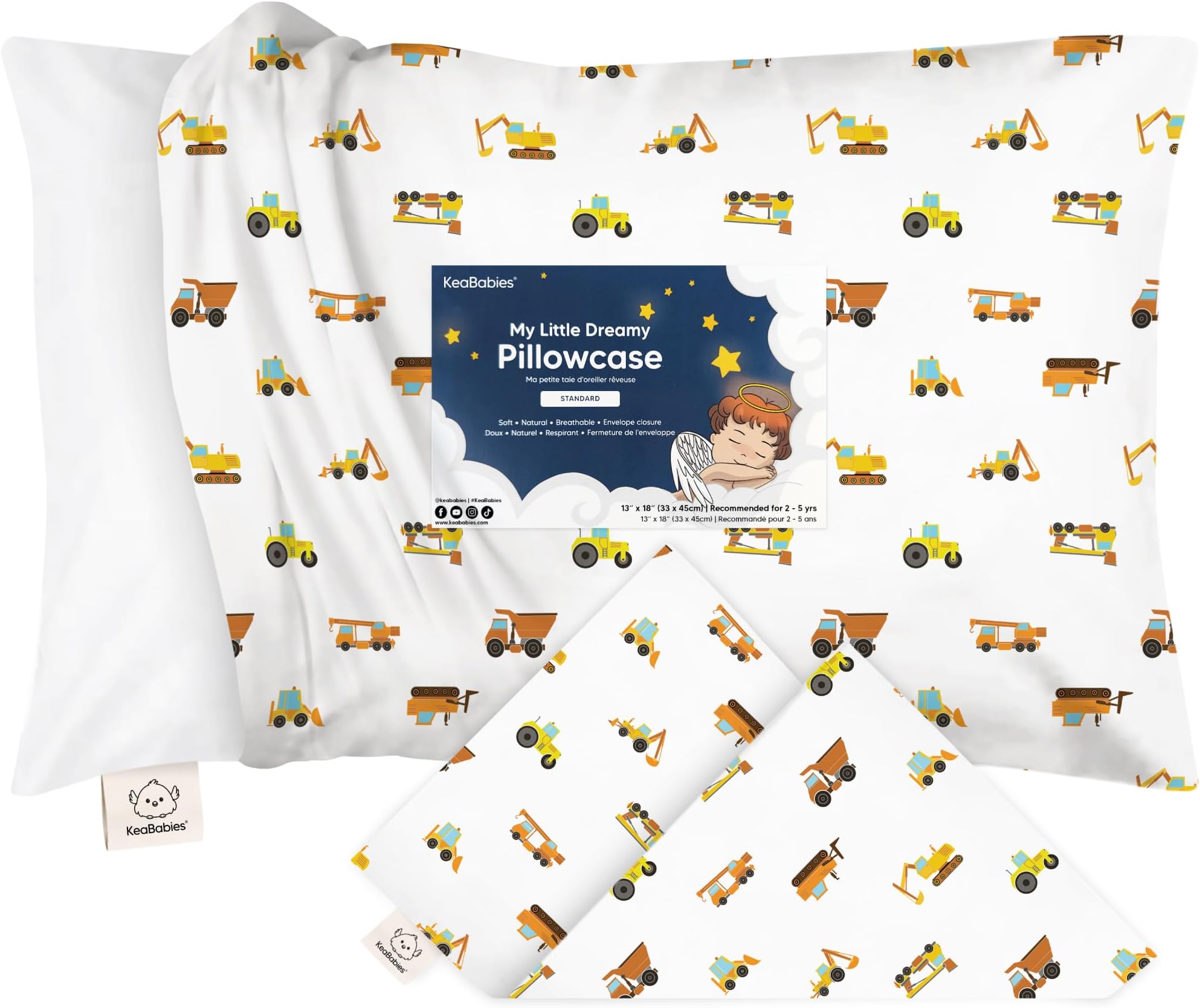 KeaBabies Toddler Pillowcase for 13X18 Pillow - Organic Toddler Pillow Case for Boy, Kids - 100% Natural Cotton Pillowcase for Miniature Sleepy Pillows - Pillow Sold Separately (Construction)