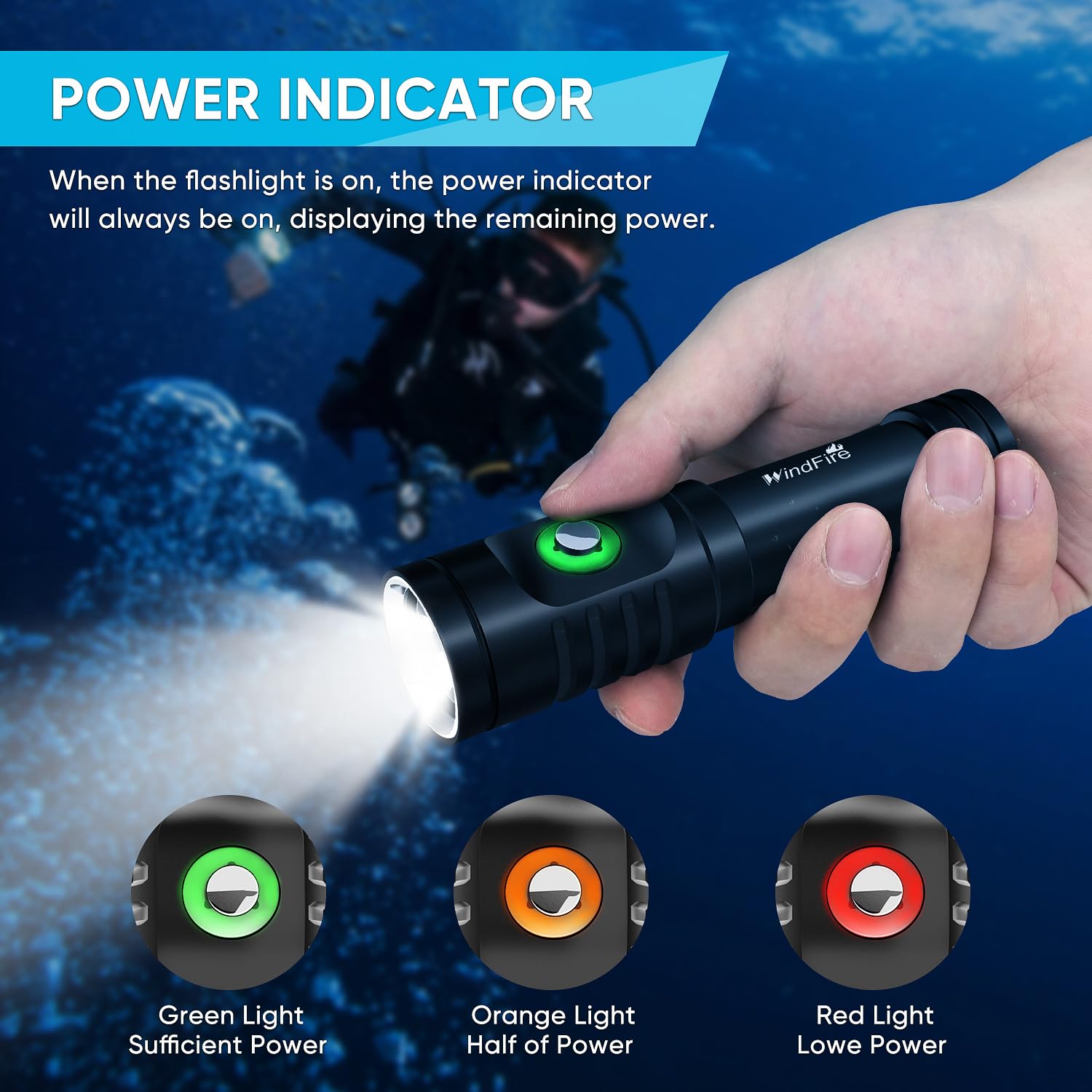 WindFire Torcia Subacquea LED 10W – Ricaricabile USB – Impermeabile IPX8 65m – 4 Modalità Con Indicatore Batteria