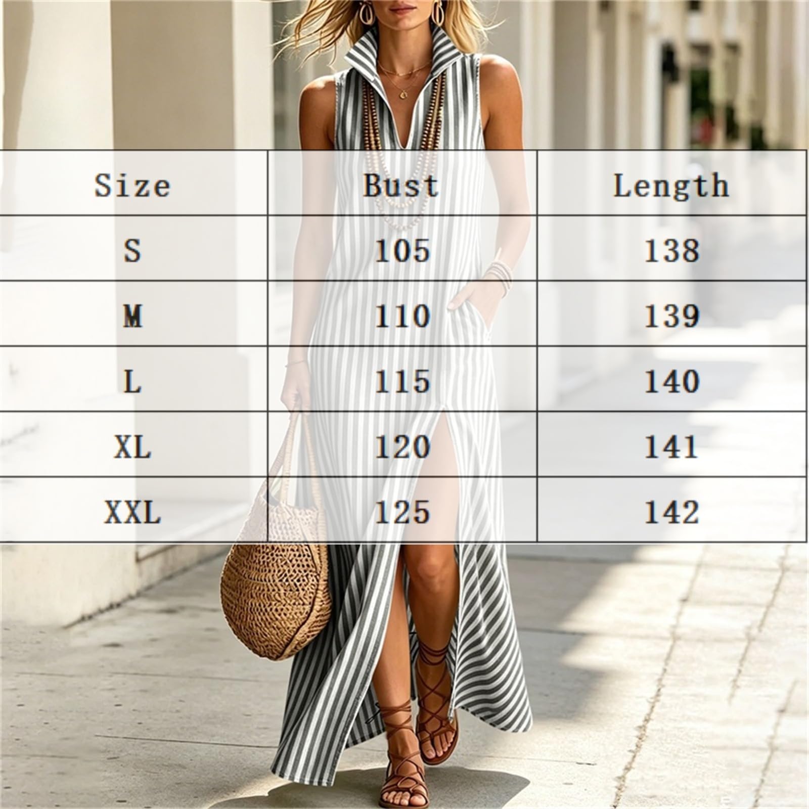 Generico Elegante Maxi Abito Classico a Righe in Misto Cotone e Lino con Collo alla Coreana; Maxi Abito da Spiaggia a Righe con Collo a Revers, dalla vestibilità Rilassata e disinvolta.
