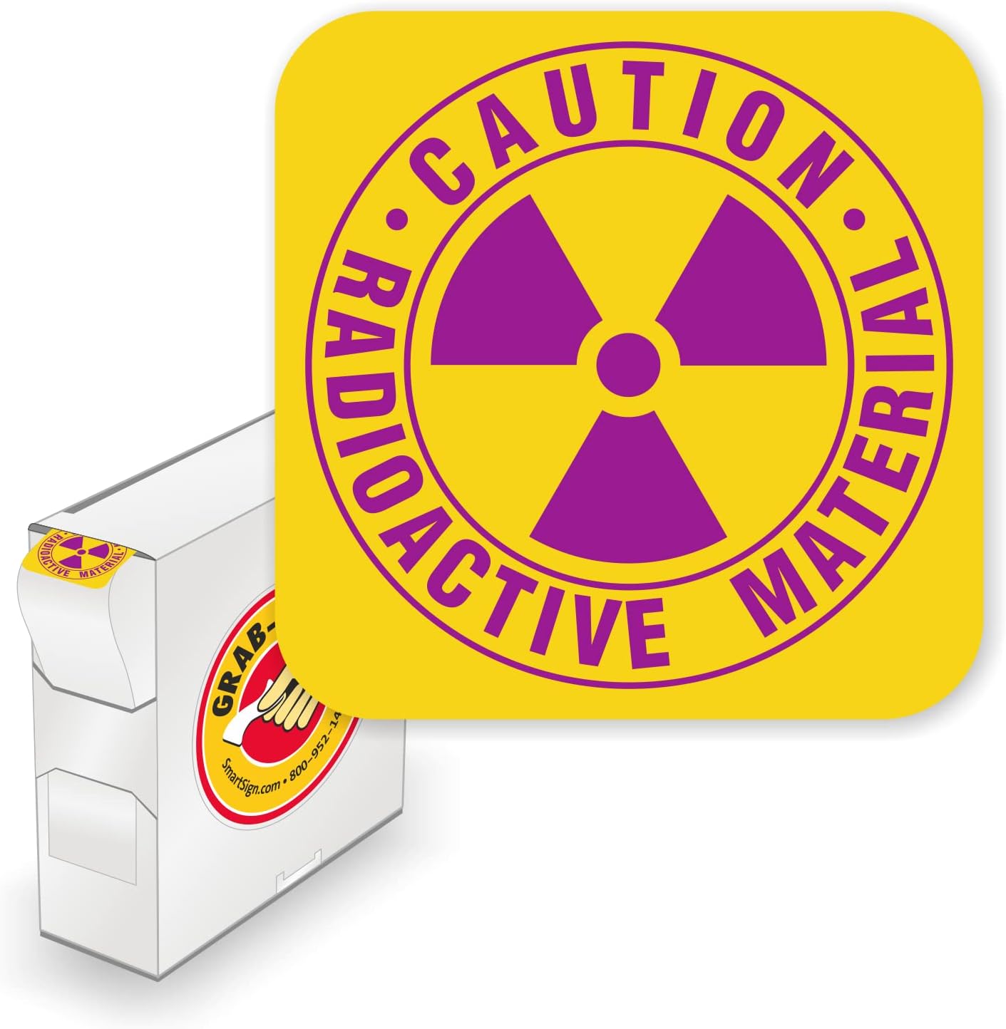 Pack of 750 Caution Radioactive Material Labels in Dispenser Box | 0.875" x 0.875" Matte Paper Stickers, Purple and Yellow
