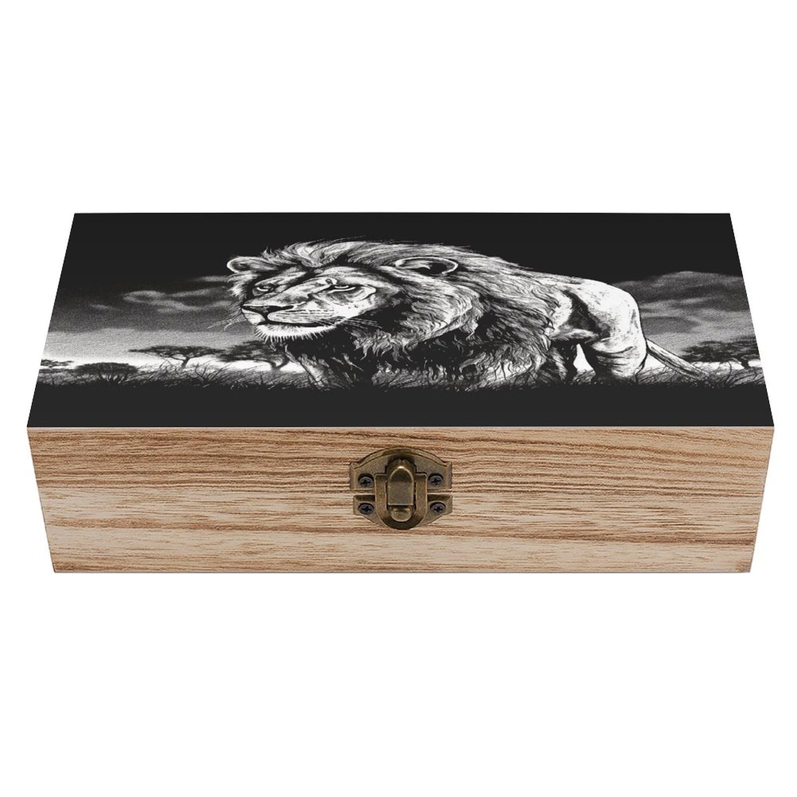 VstaDank Lion Black And White Illustration Wooden Storage Box Decorative Jewelry Case with Lids Exquisite Wood Box Letters Gifts Acacia Wood Boxes Fashion Wooden Keepsake Boxes for Men Women