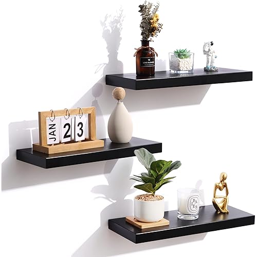 Floating Shelves, Black Wood Wall Mounted Shelves with Invisible Brackets for Bedroom Living Room Bathroom Kitchen, Shelves for Wall Decor Storage Set of 3