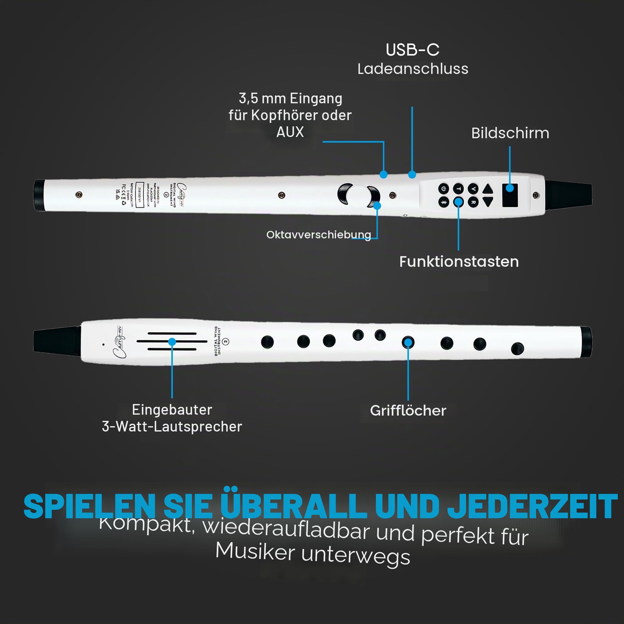 Carry-on Digitales Blasinstrument 2-10 Stimmen, eingebauter USB-Akku, Kopfhörerausgang für lautloses Üben, Midi Over Bluetooth Digital Recorder Weiß