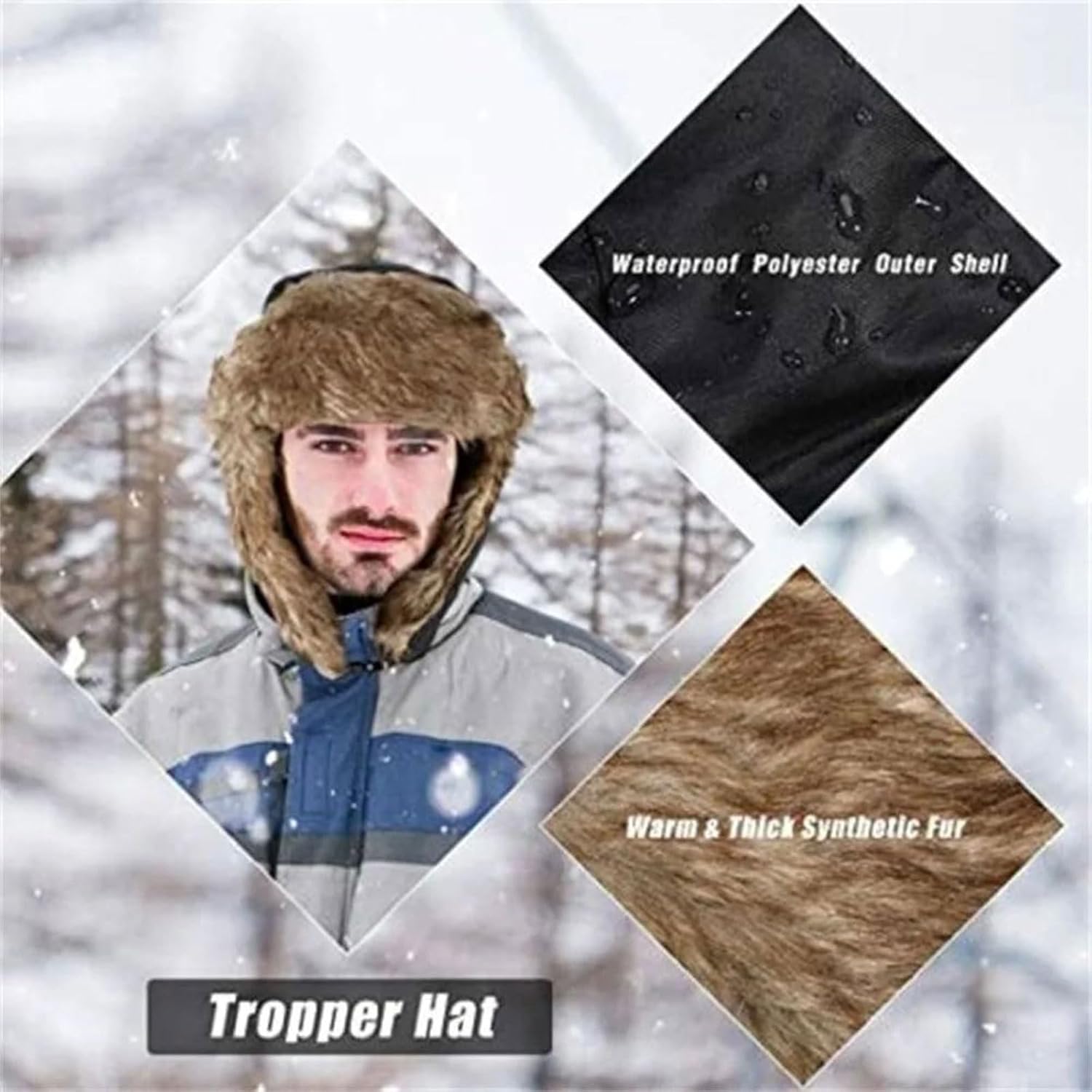 Men's Faux Fur Trapper Hat, Windproof Winter Cap with Ear Flaps for Skiing & Outdoor Activities