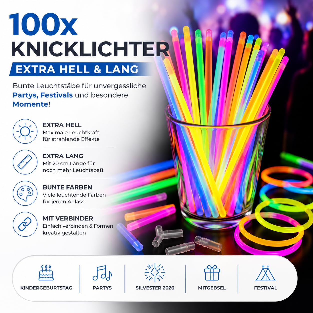 PYROHELD 1000x Knicklichter - Leuchtstab - extra Hell & Lang - in bunten Farben für Kindergeburtstag, Party, Silvester, Mitgebsel, Festival, Geburtstag - Glow Sticks mit Verbinder (1000)