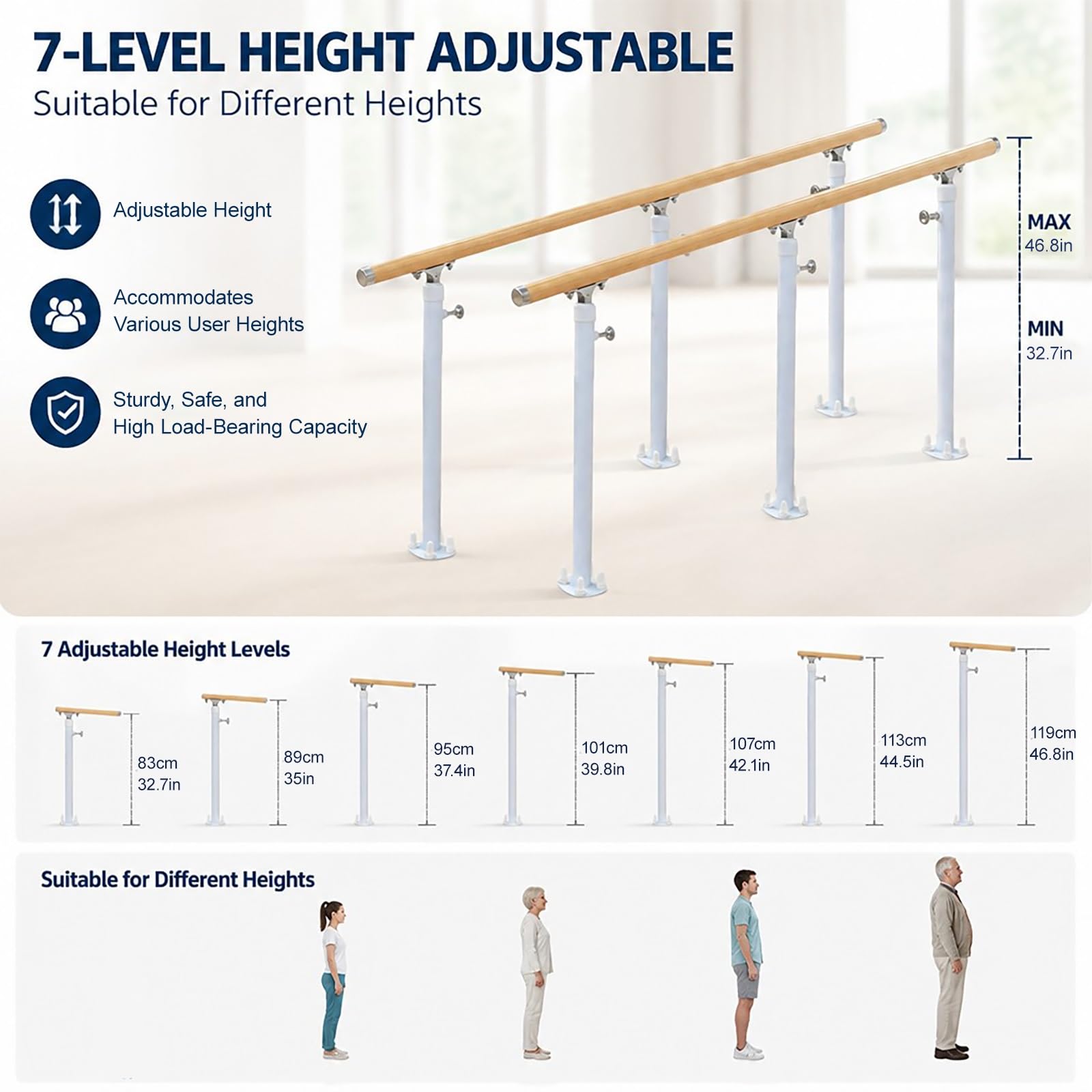 Barras paralelas de rehabilitación y fisioterapia, de altura ajustables, equipo de entrenamiento para la rehabilitación de miembros inferiores en bipedestación(140cm/55.1in)