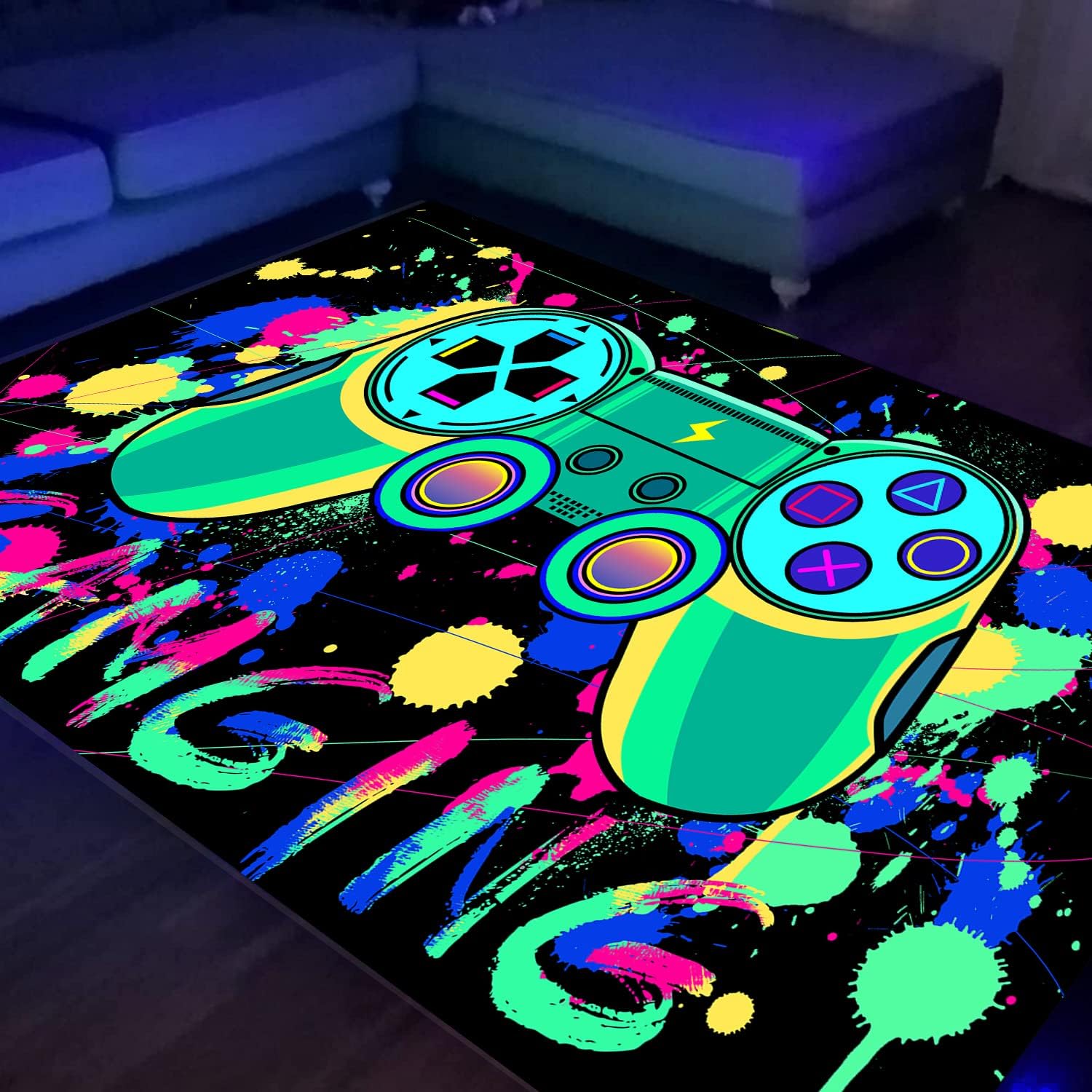 HOLAVIDA Blacklight Gaming Area Rug, Neon UV Reactive 3D Game Controller Carpet, Non-Slip Luminous Fluorescent Play Mat