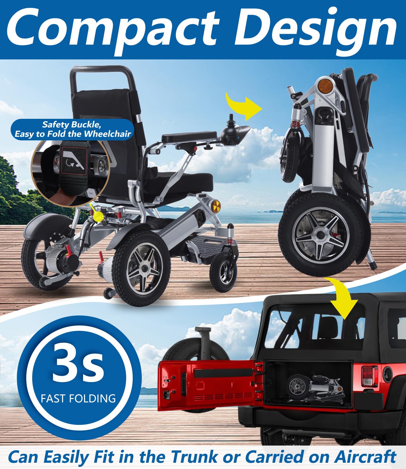 Silla de Ruedas eléctrica Ligera para Adultos, Plegable, motorizada, con autonomía de 30 km, soporta hasta 150 kg, portátil y alimentada por batería de Litio.