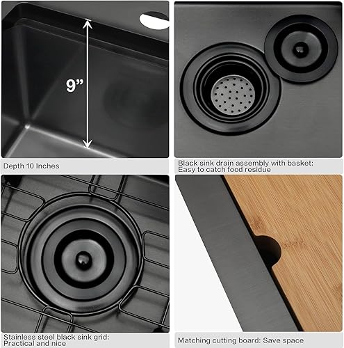 Miniatura 95 de Fregadero de cocina negro de 33 pulgadas, fregadero de acero inoxidable calibre 16, fregadero de estación de trabajo de un solo tazón con reborde