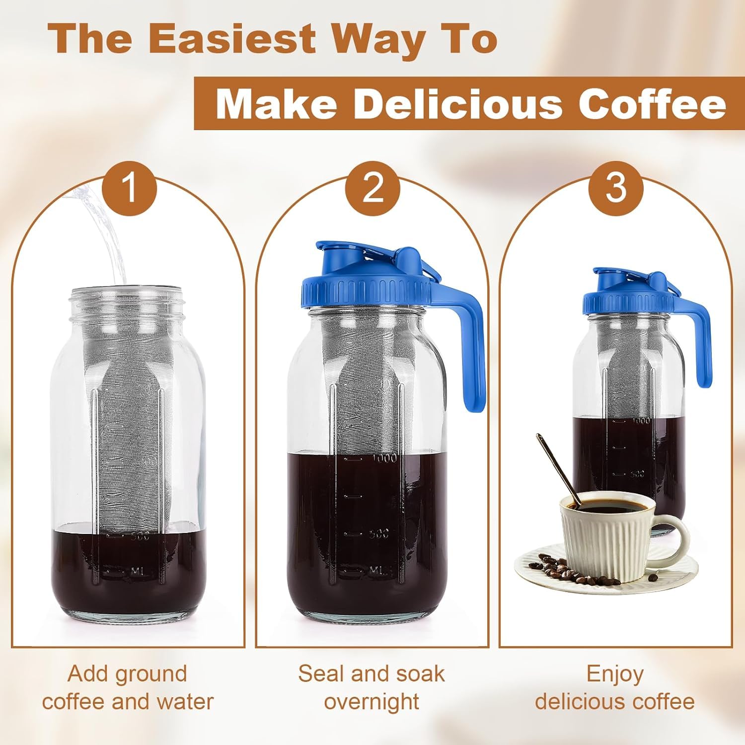 Cold Brew zaparzacz do kawy, 1,8 l, Cold Brew Coffee Maker, pokrywka z uchwytem i filtrem ze stali nierdzewnej, zaparzacz do kawy i herbaty na zimno (niebieski)
