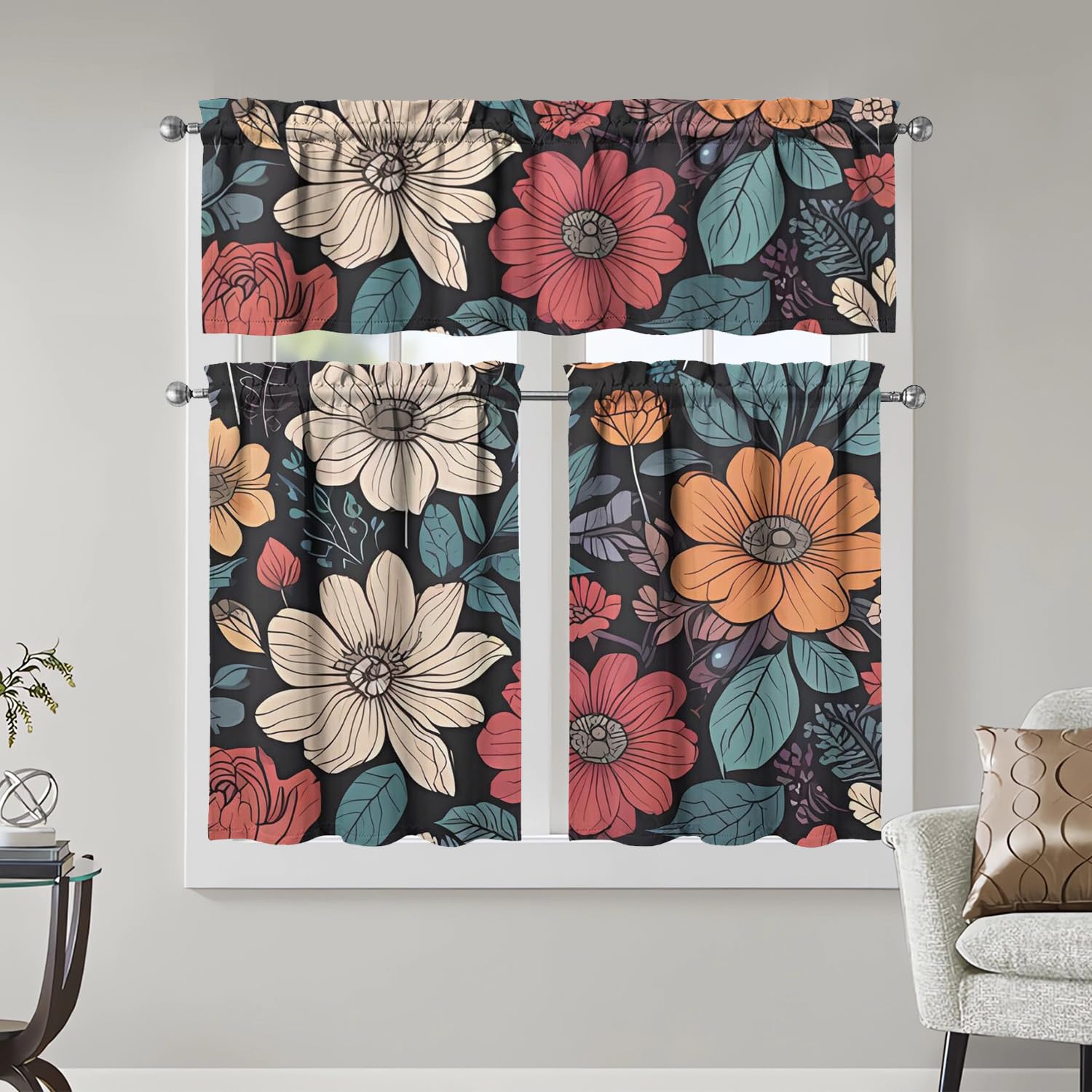 Boho Kitchen Curtains 3 Piece Set Tier Valance Window Decor