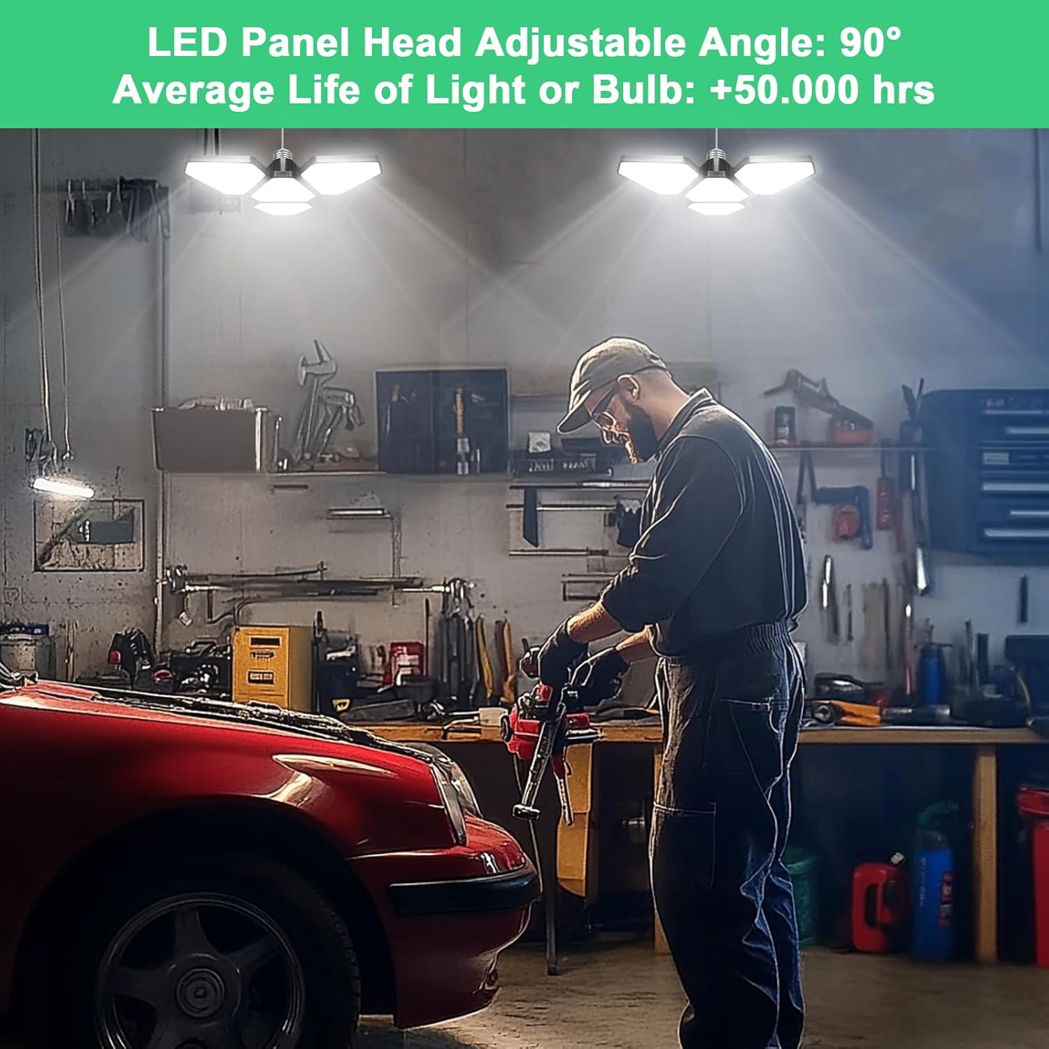 2 Pack Garage Led Light Bulb Triangular Fixture 120w 15000LM 6500K 3 Plus 1 Adjustable Super Bright Led Garage Light Screw into E26 or E27 Basement for Workshop attic barn shed