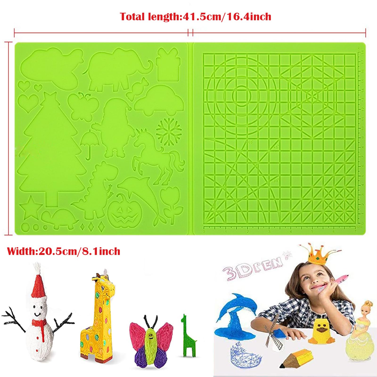 Modello per penna 3D, in silicone, con motivo animale, utile per principianti, bambini e artisti 3D, colore verde (41,5 x 20,5 cm)