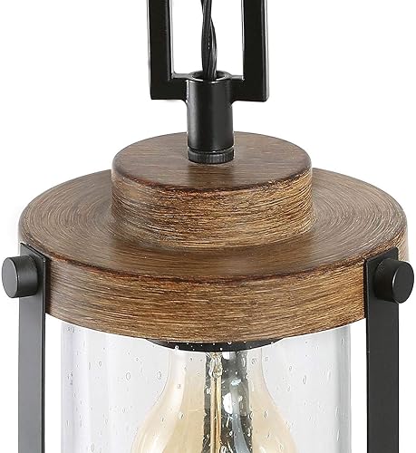 Miniatura 5 de LOG BARN Iluminación colgante para isla de cocina, mini lámpara de granja en metal de madera sintética con pantalla de vidrio burbujeado, accesorio
