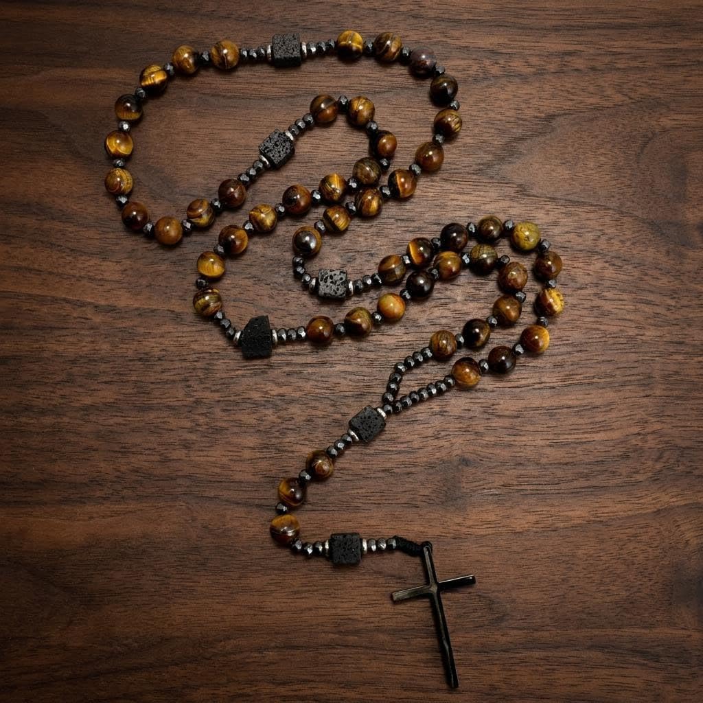 Nazareth Store Men's Rosary Necklace Black Onyx or Tiger Eye Beads with Black Alloy Cross, Catholic Christian Religious Jewelry, Gift for Him