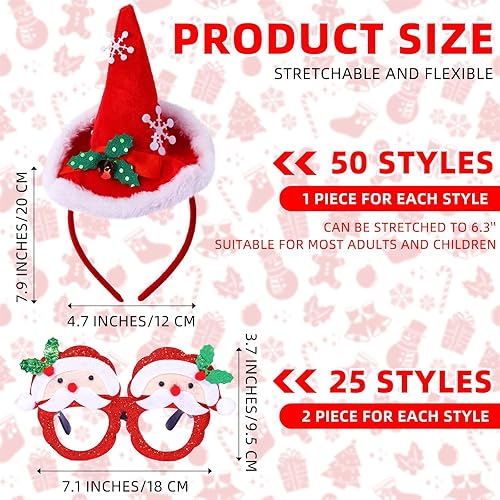 Miniatura 2 de Yunlly Juego de 100 diademas navideñas y marco de lentes, incluye 50 estilos de diademas navideñas con 50 gafas de Navidad, divertidos muñecos de
