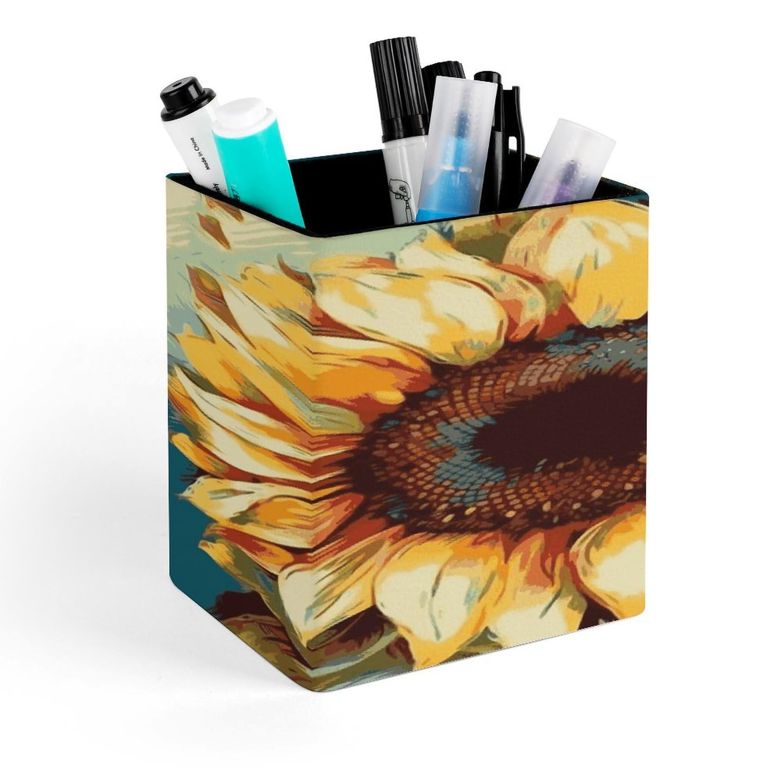 JTREHY Color Painting Sunflower Pen Holder Square Pen Pencil Holder Makeup Brush Holders Cup PU Leather Pencil Cups Desktop Caddy Stationery Organizer Case Office Accessories Container Box