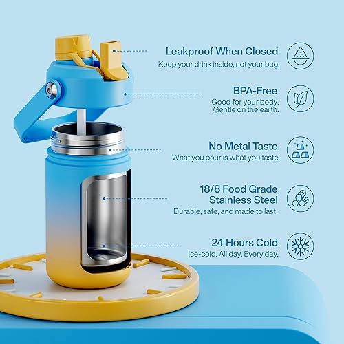 Miniatura 752 de ENCOOL Botella de agua aislada con popote, de acero inoxidable, a prueba de fugas, sin BPA, al vacío de doble pared que se mantiene fría durante 24