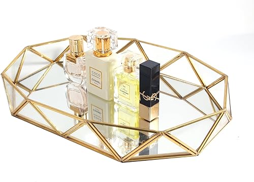 Feyarl Bandeja de maquillaje con espejo de vidrio transparente dorado, organizador de joyas, forma octogonal ornamentada, exhibición de perfume
