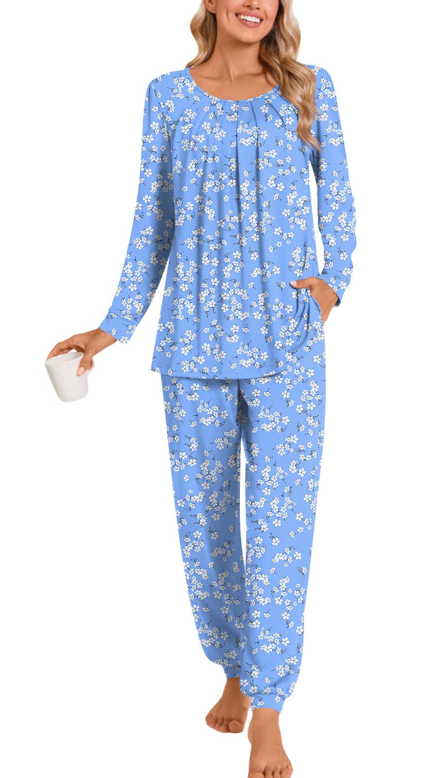 Anymeet Womens Pajama Sets Fall Winter Long Sleeve 2 Piece Sleepwear Soft Lounge Outfits with Pockets