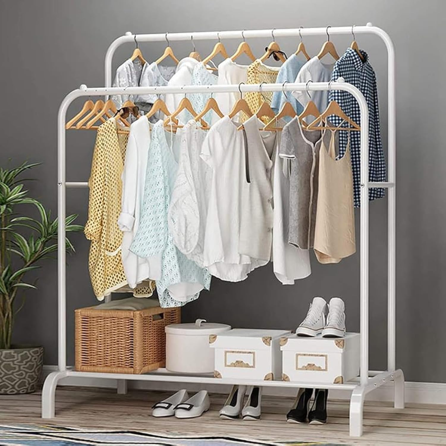 Lukzer Sturdy Cloth Stand: Heavy-Duty Double Pole Garment Rack with 1 Bottom Shelves and Side Hook – Multi-Functional Storage Organizer for Bedroom and Living Room 55 x 110 x 148 cm (MGS-002/White)