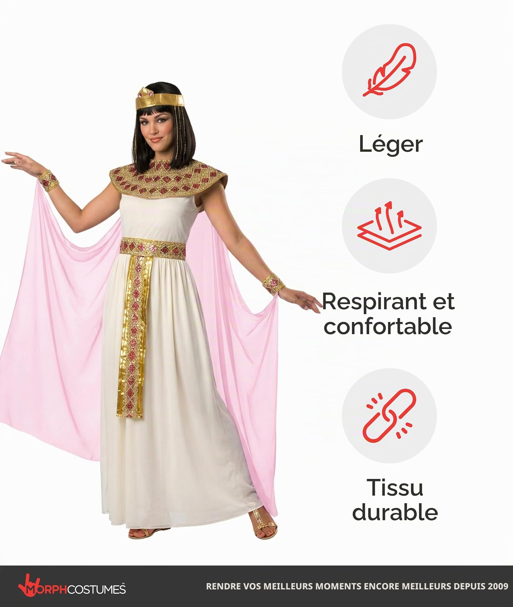 Morph Deguisement Cleopatre Femme, Costume Egyptien Halloween Femme | Robe, Collier, Coiffe, Cape & Bracelets, Reine d'Égypte, Parfait pour Halloween, Idéal pour se Déguiser
