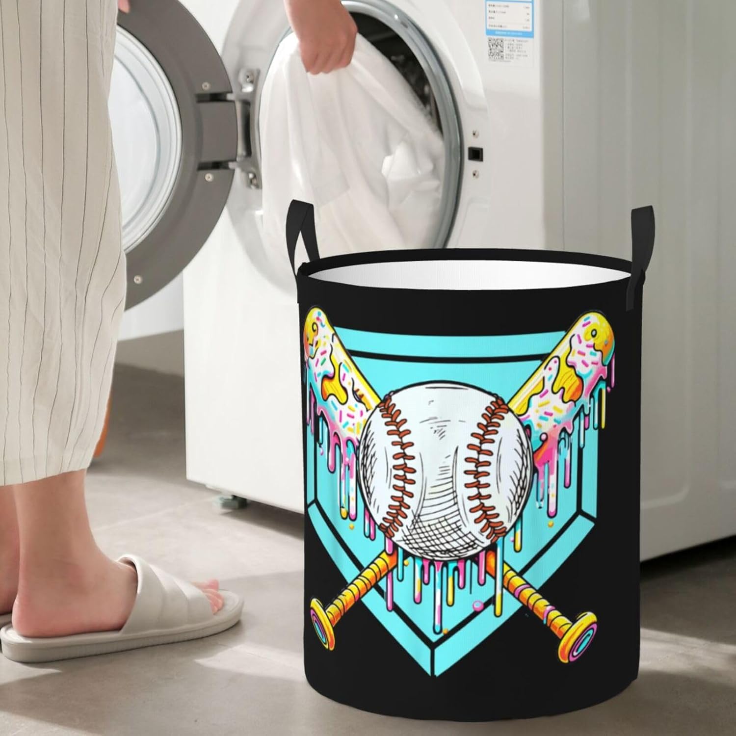Baseball Home Plate Drip Baseball Game Day Laundry Hamper Large Fabric Laundry Baskets Collapsible Round Storage Bin Toy Organizer Dirty Clothes
