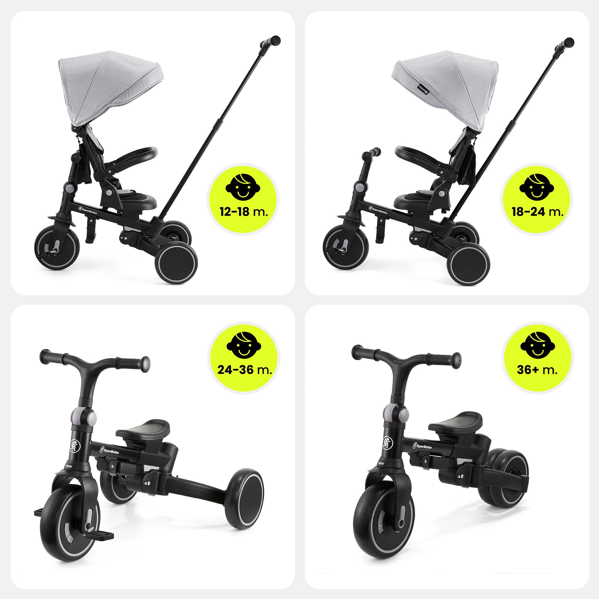HyperMotion Triciclo Evolutivo 8 en 1 con Asiento Giratorio 360° – Triciclo Bebe Reclinable y Plegable con Capota, Arnés y Barra de Empuje – Trike Infantil para Niños de 1 a 5 Años