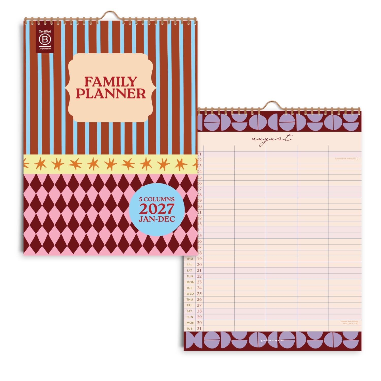 Good Tuesday - 2026-2027 Boho Circus A3 Family Planner, Colourful 5 Column Academic Wall Calendar, August Start, UK & US Holidays, Recycled Paper, Plastic Free Packaging, Made in the UK