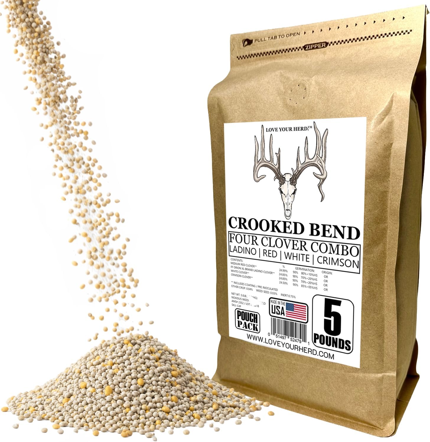 Crooked Bend Four Clover Combo Blend, 5LB, Perennial Food Plot Seed, Pheasant, Duck, Dove, Turkey, Elk & Whitetail Deer Hunting, Grows Wildlife Attractant in Shady Areas, No Till, Plants 0.45 Acre