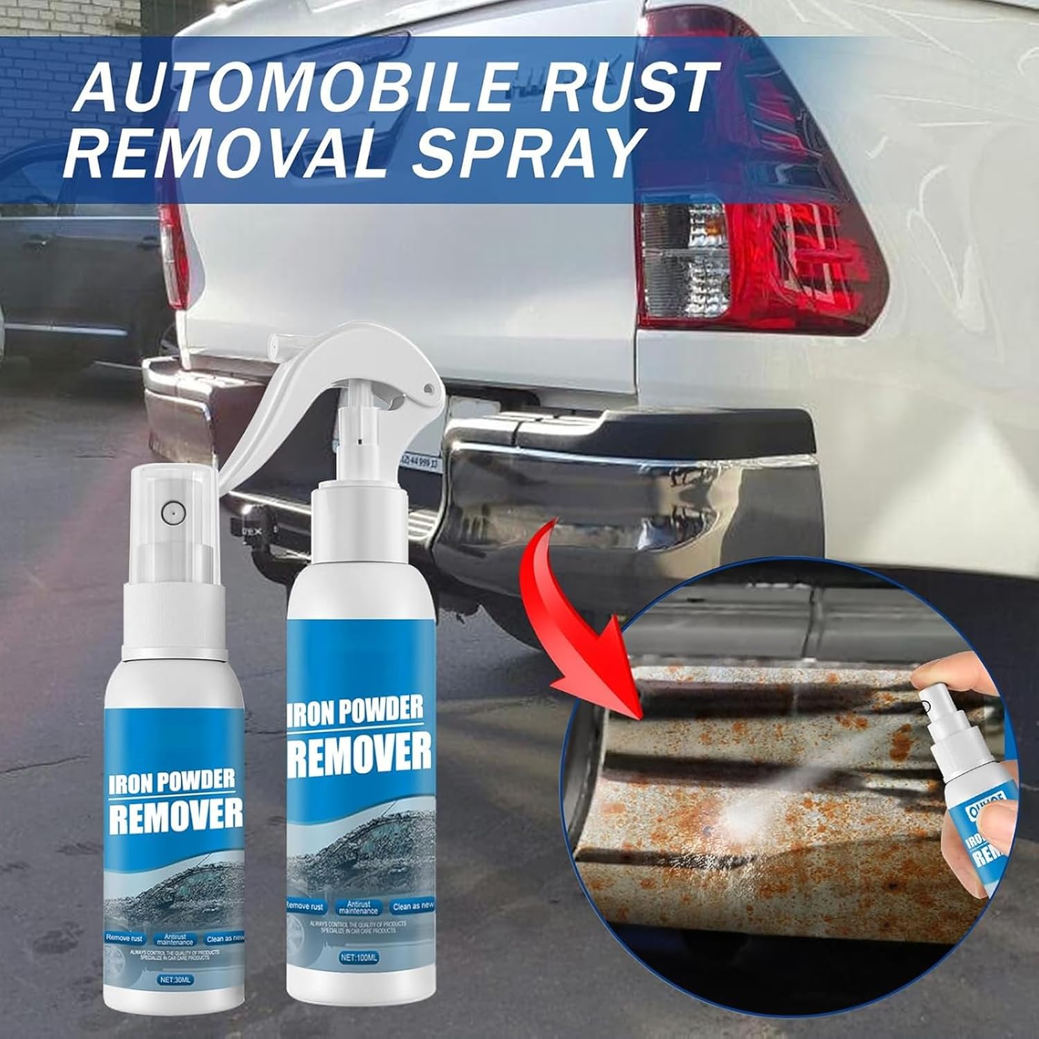 Multi-functional Quick-Acting Rust Removal Spray, 100ml Portable Iron Powder Remover, Portable Easy-Spray Cleaner for Metal Surfaces, Bikes, Tools, Furniture Maintenance (3 pcs)