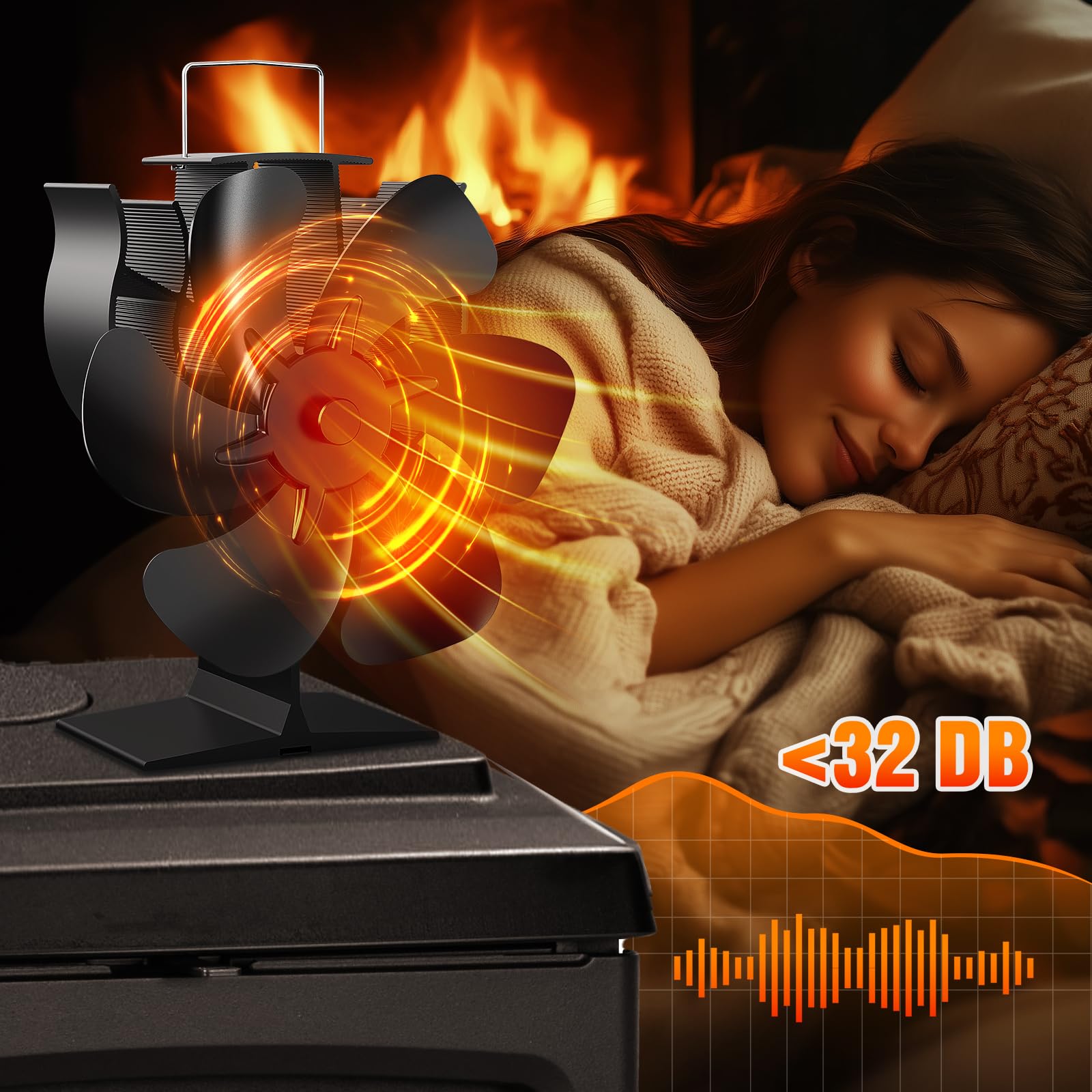 Ventilatore Per Stufa a Legna, Ventilatore per camino con 6 pale, Ventola da Caminod Silenzioso Alimentato Calore, Ventilatore Camino Stufa per Legna e Camino Pellet