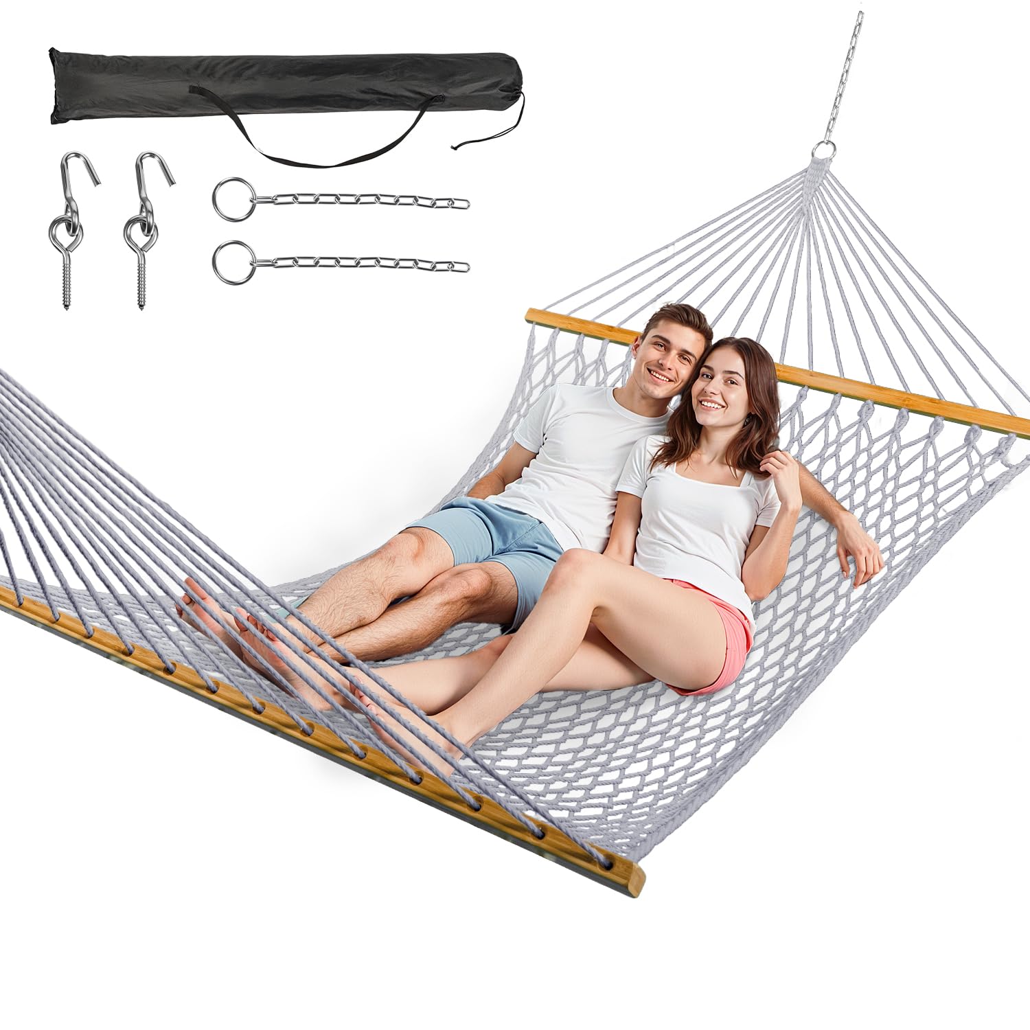 Double Hammock for 2 Person, Handwoven Cotton Rope Hammock with Spreader Bar Without Stand - Indoor & Outdoor Use for Patio, Poolside, Backyard (Grey)