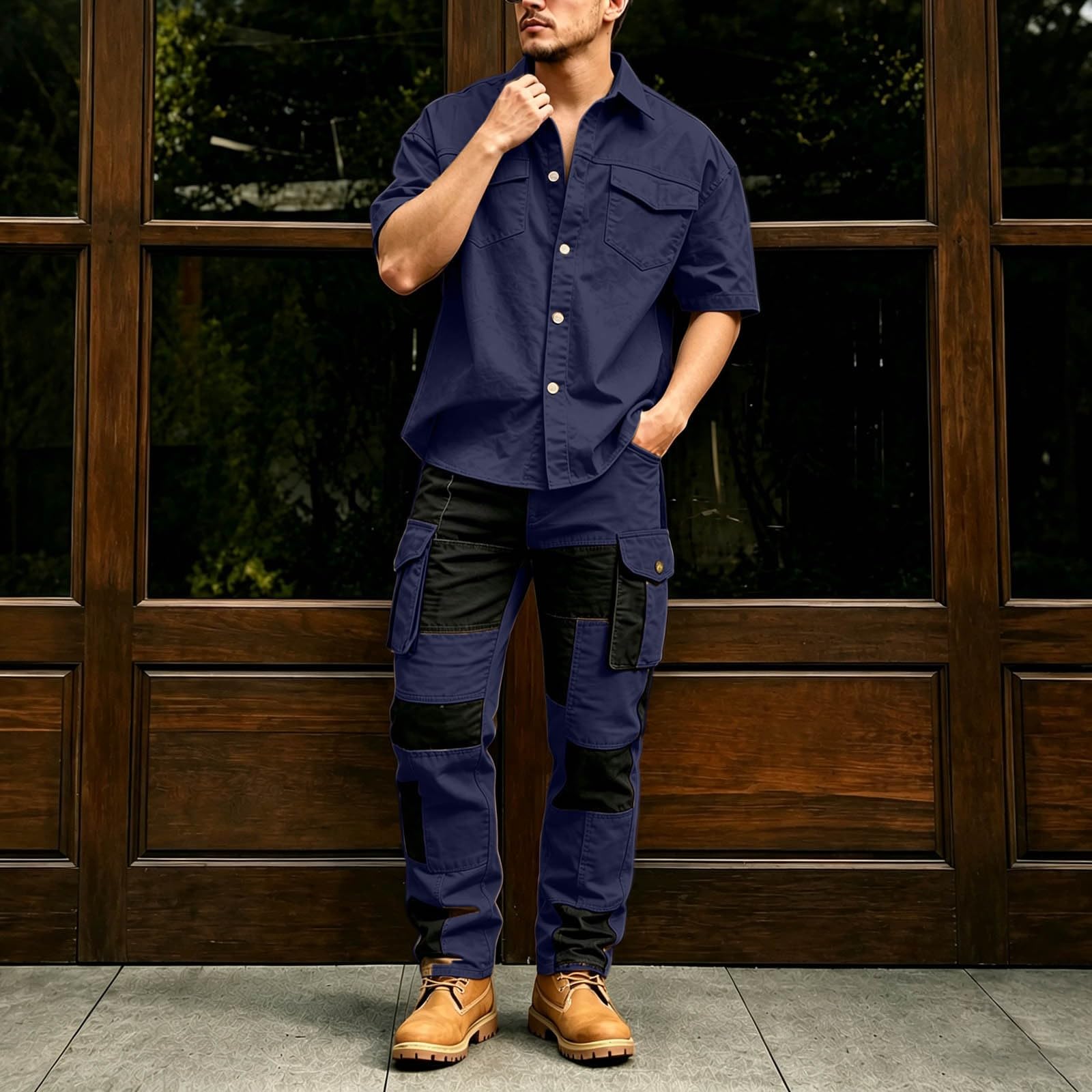 Generisch Set da due pezzi con pantaloni cargo patchwork con camicia tinta unita, abbigliamento casual da uomo