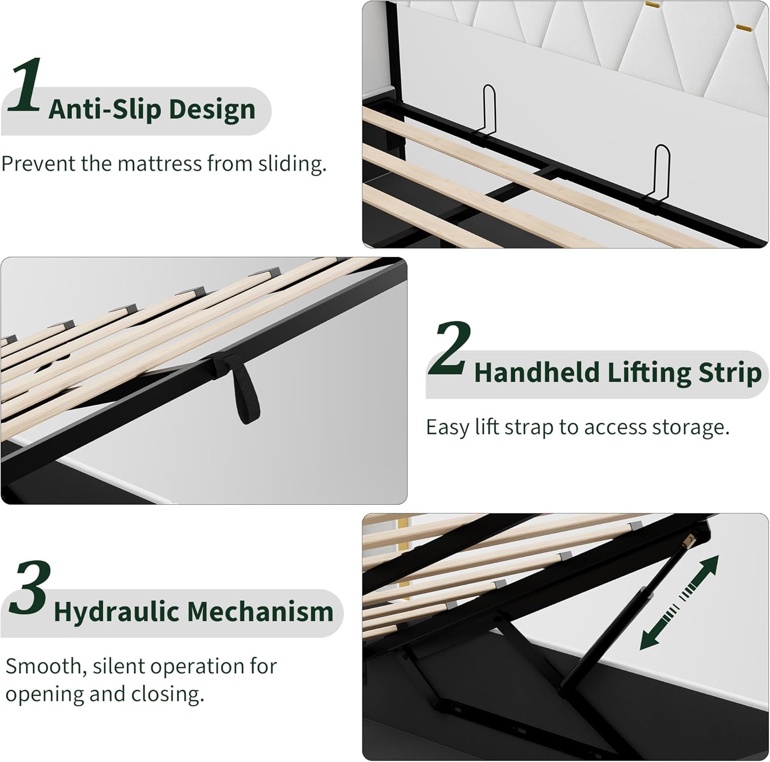 Garvee Full Size Lift Up Storage Bed Frame with with Gold Wingback Headboard, Velvet Upholstered Bed Frame with Diamond Tufted Design & Gold Trim, Hydraulic Support, No Box Spring Needed, White